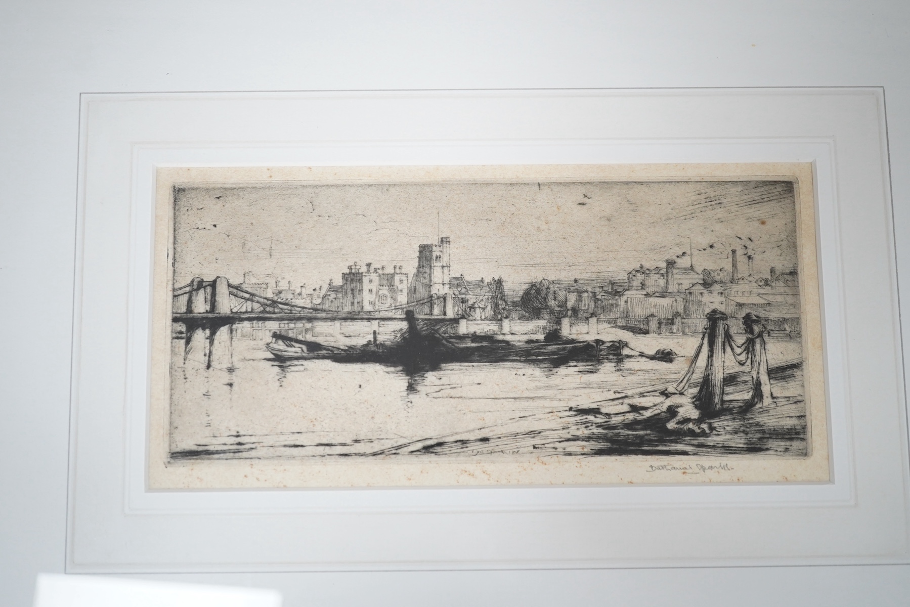Nathaniel Sparks (1880-1956), two etchings, London scenes to include ‘Waterloo Bridge’, each signed, largest 17 x 37cm. Condition - fair